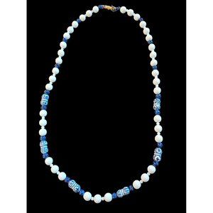 Vintage Les Benard Blue And White Painted Porcelain Beaded Necklace 29"